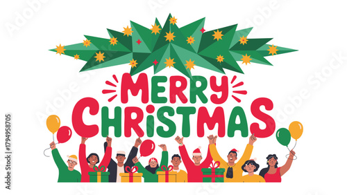 Joyful Christmas Gathering: A festive scene where a group of people gather and celebrate under the words Merry Christmas, embodying the spirit of togetherness, joy.