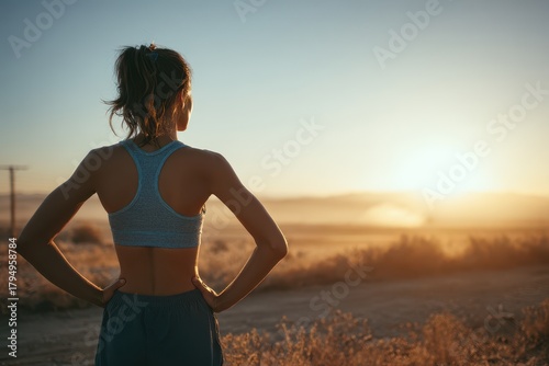 Back view of a woman in running attire with hands clasped gazing at the morning sky