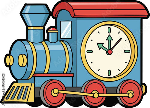 Cartoon Blue Steam Train With A Large Clock On Its Side And Red Wheels