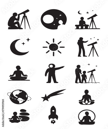 "Astronomy and Mindfulness Silhouette Icon Set – Telescope, Moon, Meditation, Space Exploration"