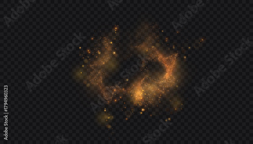 Glowing gold dust with swirls and floating sparks on a black background. Warm particles explode into a soft glowing haze to create magical light overlays.