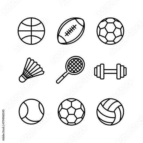 Collection of nine simple line art sports equipment icons on a white background