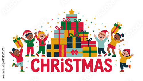 Christmas Cheer: A vibrant illustration showcasing cheerful children surrounded by beautifully wrapped gifts, embodying the spirit of Christmas and the joy of giving.