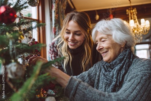 A young woman and an older woman are joyfully decorating a Christmas tree at home for the holidays
