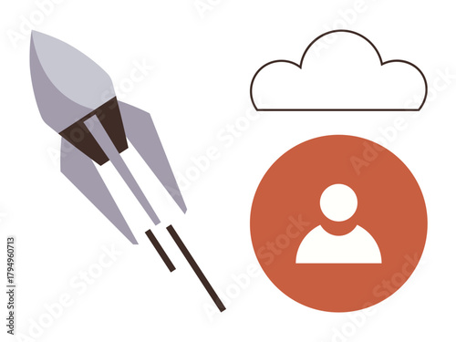 Rocket launching upward alongside user icon and cloud. Ideal for innovation, growth, entrepreneurship, technology, cloud computing, user engagement, and abstract concepts. Simple flat metaphor