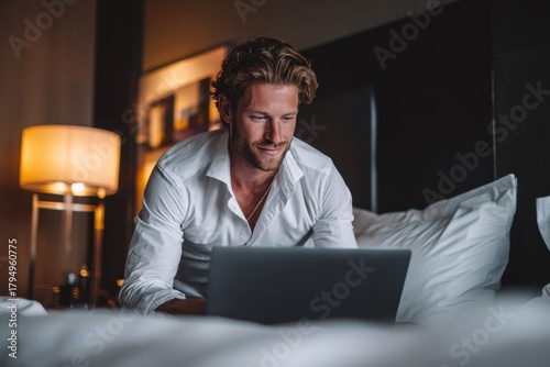 Attractive young executive in a hotel bed emailing a partner Freelance professional at home creating projects for his client on a laptop