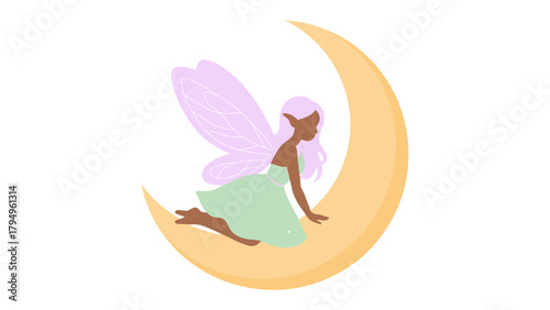 Magical Night Fairy: A whimsical fairy with delicate wings perches gracefully on a crescent moon, bathed in the soft glow of moonlight, bringing a touch of enchantment and fantasy.