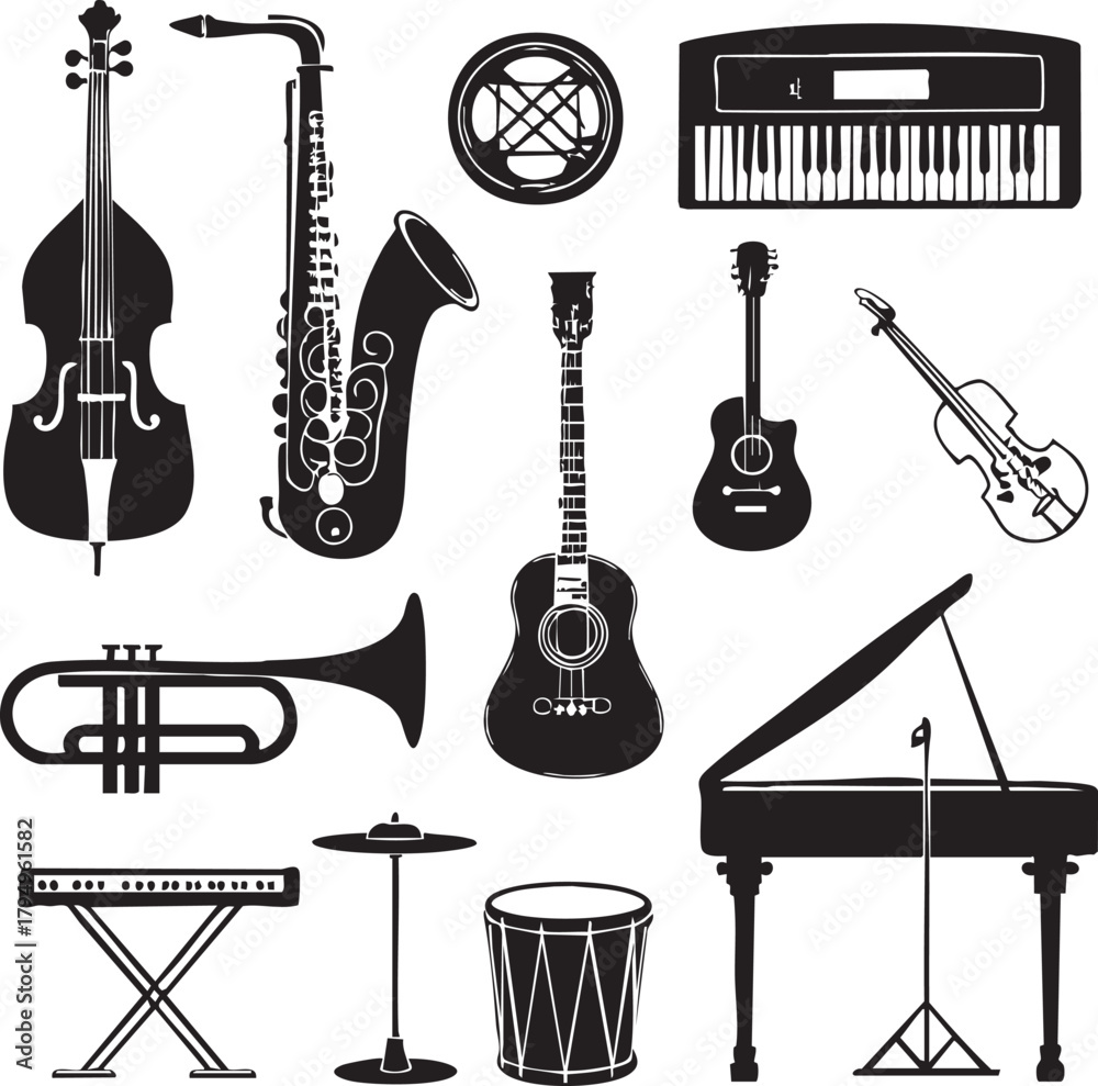 Fototapeta premium Vector set of musical instruments including guitar piano drums and other acoustic and electric instruments