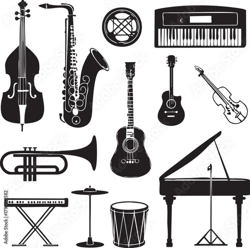 Vector set of musical instruments including guitar piano drums and other acoustic and electric instruments