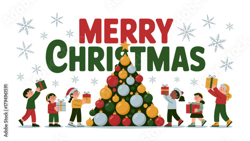 Merry Christmas: Joyful children gather to celebrate the festive season, surrounding a beautifully adorned Christmas tree, symbols of happiness.