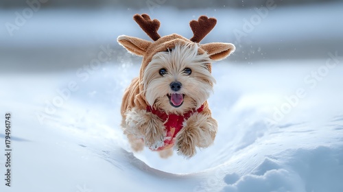 Small white dog wearing reindeer antlers costume running through fresh snow with red scarf, capturing holiday spirit and winter joy.