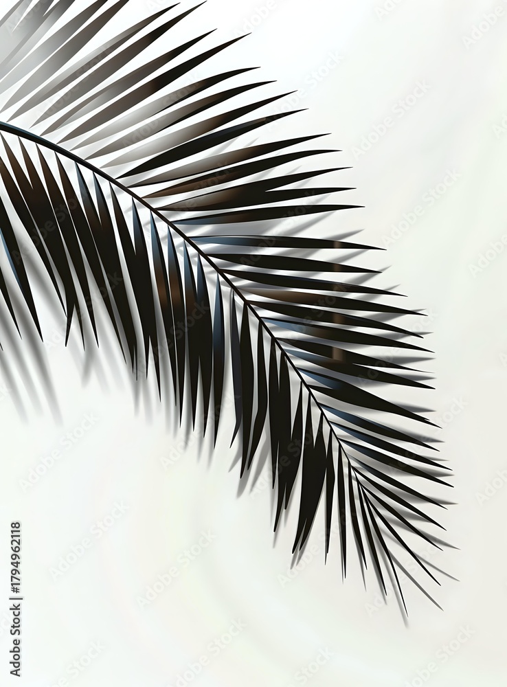 Fototapeta premium Close-up of dark palm leaf frond against white background, creating dramatic contrast for modern botanical decor.