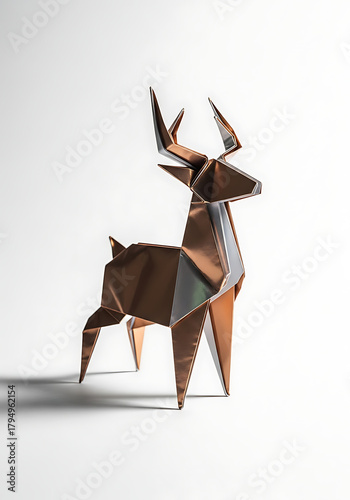 christmas origami deer on white background, christmas folded paper reindeer ornament, holiday minimal geometric decor
