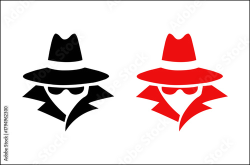 Spy or detective icon illustration, mysterious figure in black and red