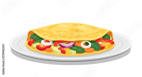 Delicious vegetable omelette on white plate with fresh ingredients