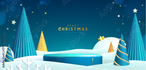Holiday Christmas showcase blue background with snow, 3d podium and Christmas trees. Abstract minimal scene. Vector illustration