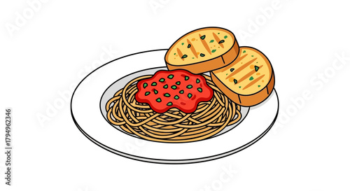 Illustration of spaghetti with marinara sauce and garlic bread