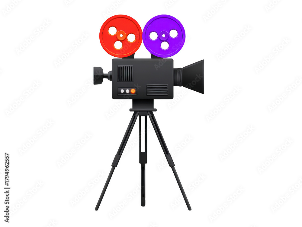 Obraz premium Vintage film camera with red and purple reels on tripod, isolated on transparent background, classic movie equipment for filmmaking, retro style, creative and nostalgic mood