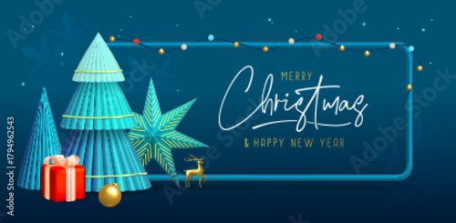 Holiday Christmas background with 3d plastic Christmas trees, gift box, string of lights, star and golden deer. Vector illustration