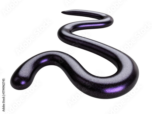 Glossy black abstract snake shape with purple highlights, curving in dynamic, fluid motion on transparent background, evoking futuristic and mysterious feeling