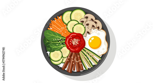 A bowl of bibimbap featuring vegetables mushrooms an egg and a red sauce arranged over rice