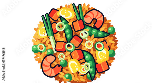 A cartoon illustration depicts fried rice with various ingredients