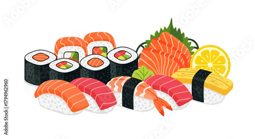 A colorful illustration of various types of sushi arranged together on a white background