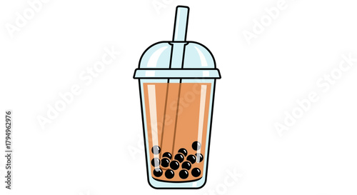 A drawing of bubble tea featuring black tapioca pearls a brown liquid a cup lid and straw on a white background