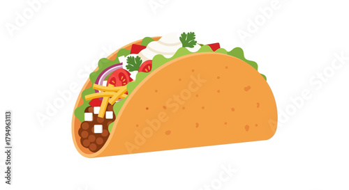 A hardshell taco filled with meat cheese lettuce tomato onion sour cream and parsley