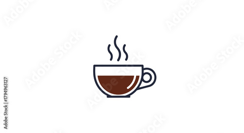 A lineart coffee cup filled with brown coffee emits curling steam against a white background