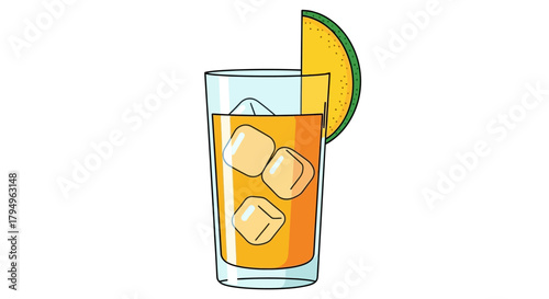 A glass of orange liquid with ice cubes and a melon slice against a white background