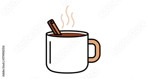 A mug of hot chocolate with steam rising garnished with a cinnamon stick
