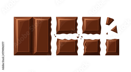 A partially broken brown chocolate bar with square pieces