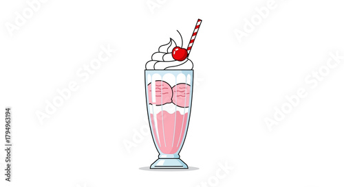 A pink milkshake with ice cream whipped cream a cherry and a striped straw sits against a white background