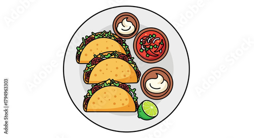 A plate of three tacos two condiment bowls a salsa bowl and a lime wedge