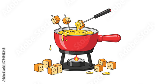 A pot of cheese fondue sits over a flame with bread cubes nearby and skewered for dipping