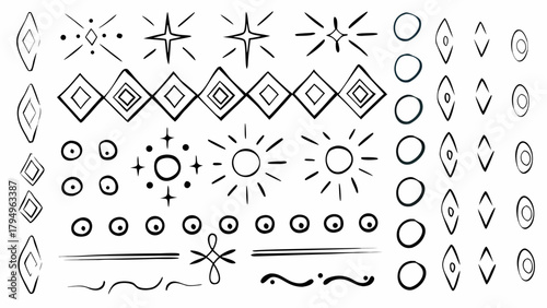 Illustration of hand drawn geometric shapes including diamonds stars circles and suns in black and white style