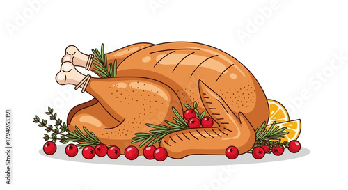 A roasted turkey sits adorned with cranberries rosemary thyme and orange slices on a white background