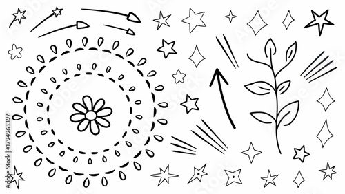 Hand drawn doodle elements featuring stars arrows flower and plant isolated on white background design asset