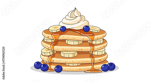 A stack of pancakes topped with whipped cream banana slices blueberries and syrup