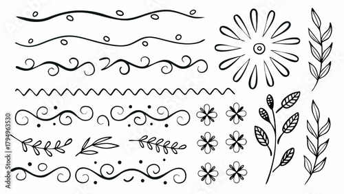 Collection of hand drawn floral elements including swirls lines and flower doodles in black and white