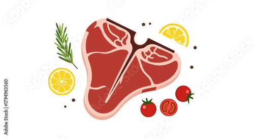A Tbone steak is displayed with lemons rosemary and tomatoes