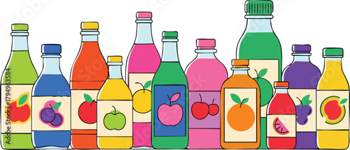 Assortment of Fruit Juice Bottles in Various Colors and Flavors