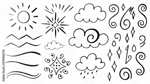 Illustration featuring a sun, clouds, rain, water waves, starburst, and decorative swirls, all in black and white