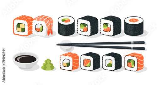 Assorted sushi with salmon shrimp seaweed avocado soy sauce wasabi and chopsticks on a white background
