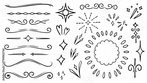 Illustration of hand drawn decorative elements including dividers, stars, hearts, and flourish designs