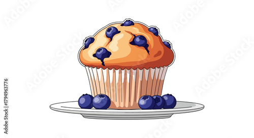 Blueberry muffin sits on plate blueberries surround it