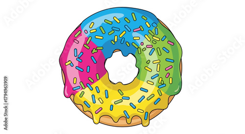 Cartoon donut with pink blue green and yellow icing Sprinkles scattered on top