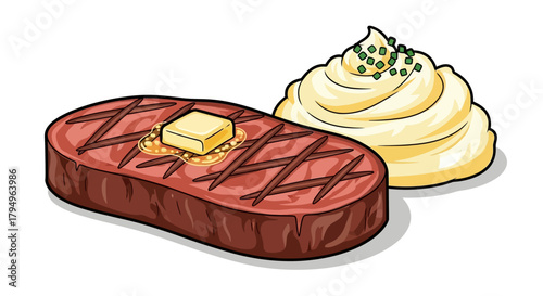 Cartoon steak topped with butter served alongside a mound of mashed potatoes garnished with green chives