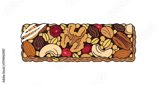 Cereal bar with nuts seeds and fruit white icing on top